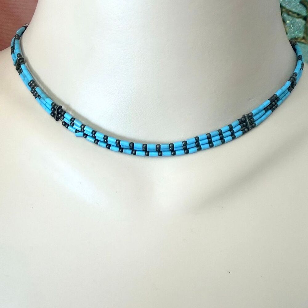 Vintage Sterling Silver Turquoise Three Strand Liquid Silver Necklace